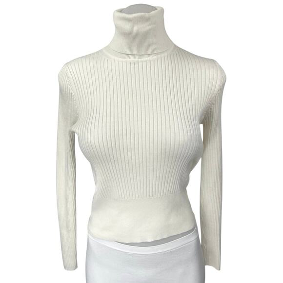 Zara White Ribbed Knit Foldover Turtleneck Long Sleeve Pullover Sweater Top Sz L - Picture 1 of 4